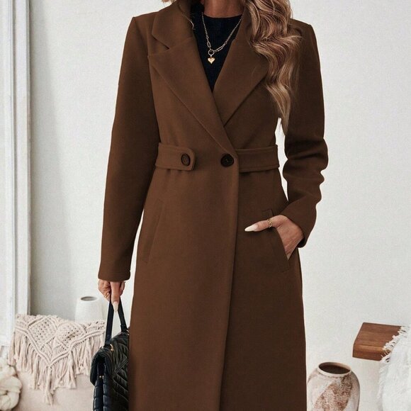 Coffee Brown Casual Women's Notched Collar long coat - Picture 6 of 6